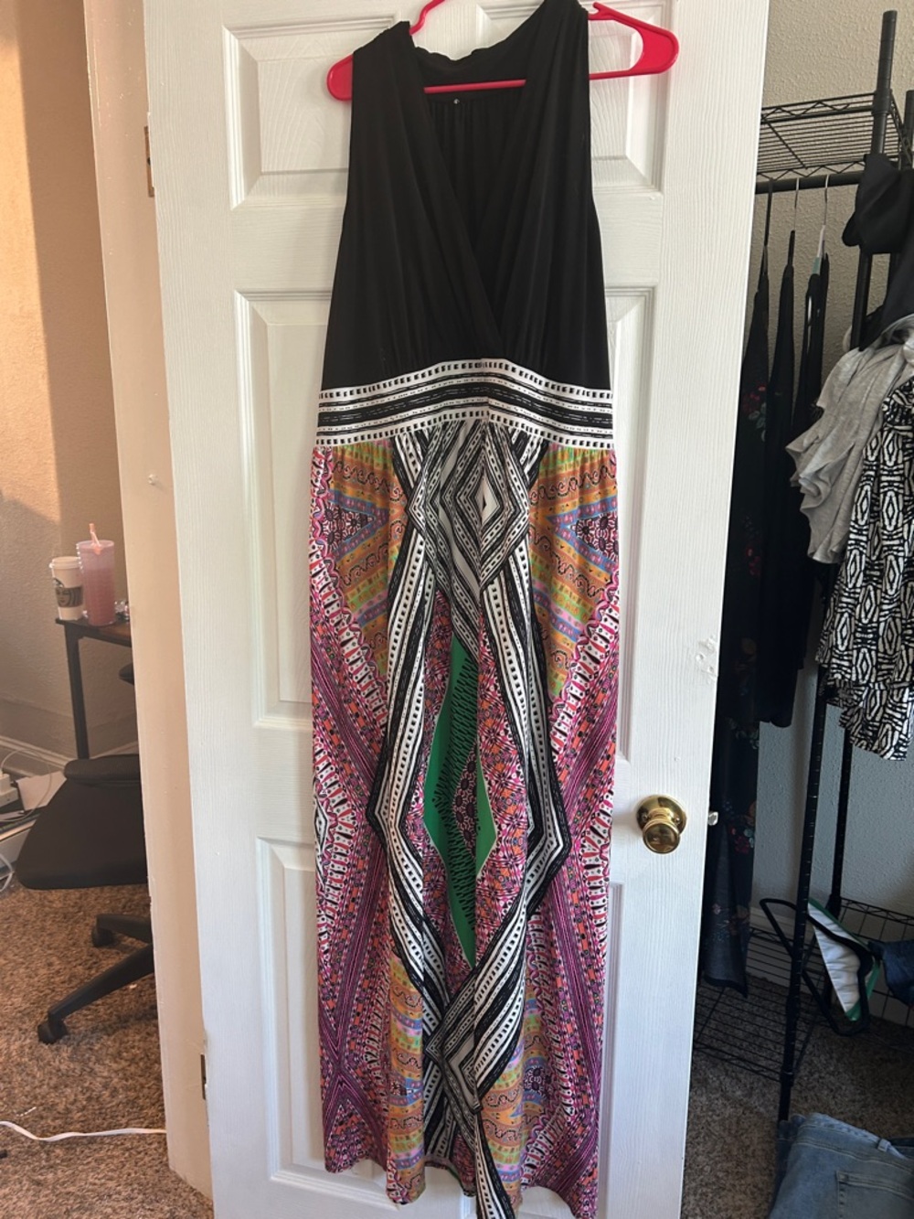 Sleeveless V-Neck Boho Maxi Dress in Black with Multicolor Print